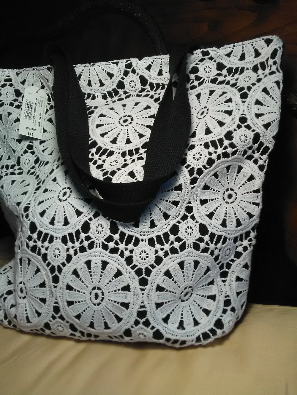 NWT ARIZONA JEANS White Crochet Tote Bag with Black Handles FABRIC